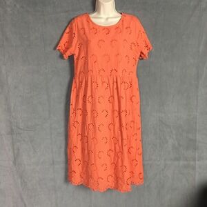 Böhme Coral Orange Midi Dress L Eyelet Floral Short Sleeve Cotton Summer Office